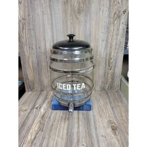 Vintage Iced Tea Dispenser, Barrel Shaped Glass, Black Bakelite? Lid